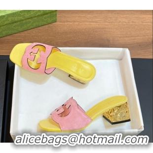 Good Looking Gucci Suede Metal-Tone Heel Slide Sandals 5.5cm with Interlocking G Cutout Pink/Yellow 319050