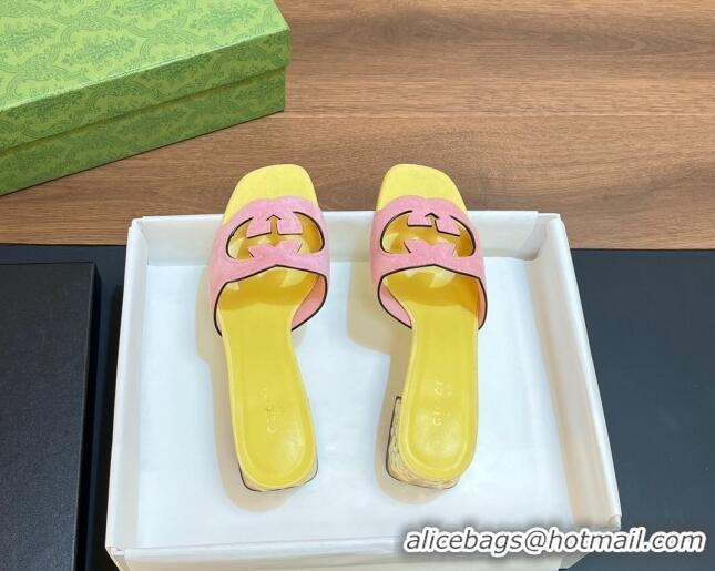 Good Looking Gucci Suede Metal-Tone Heel Slide Sandals 5.5cm with Interlocking G Cutout Pink/Yellow 319050