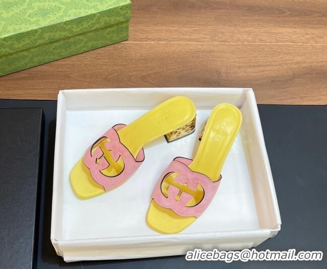 Good Looking Gucci Suede Metal-Tone Heel Slide Sandals 5.5cm with Interlocking G Cutout Pink/Yellow 319050