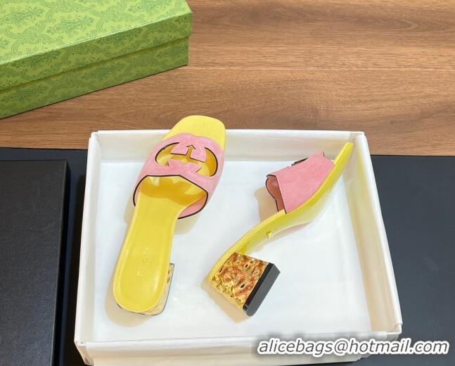 Good Looking Gucci Suede Metal-Tone Heel Slide Sandals 5.5cm with Interlocking G Cutout Pink/Yellow 319050