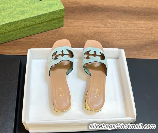 Popular Style Gucci Suede Metal-Tone Heel Slide Sandals 5.5cm with Interlocking G Cutout Light Green/Brown 319051