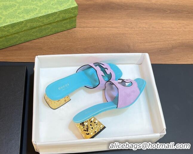 Good Quality Gucci Suede Metal-Tone Heel Slide Sandals 5.5cm with Interlocking G Cutout White/Purple 319052