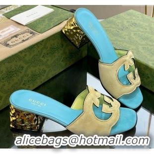 Shop Duplicate Gucci Suede Metal-Tone Heel Slide Sandals 5.5cm with Interlocking G Cutout Blue/Yellow 319053