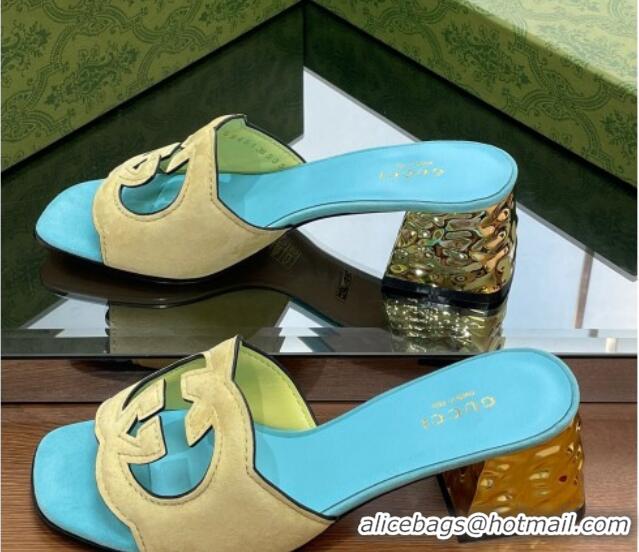 Shop Duplicate Gucci Suede Metal-Tone Heel Slide Sandals 5.5cm with Interlocking G Cutout Blue/Yellow 319053