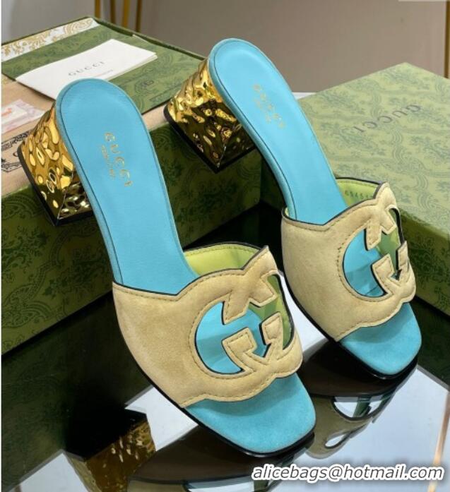 Shop Duplicate Gucci Suede Metal-Tone Heel Slide Sandals 5.5cm with Interlocking G Cutout Blue/Yellow 319053