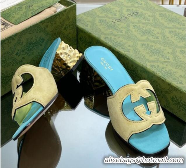 Shop Duplicate Gucci Suede Metal-Tone Heel Slide Sandals 5.5cm with Interlocking G Cutout Blue/Yellow 319053