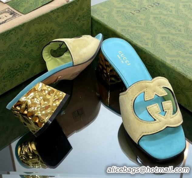 Shop Duplicate Gucci Suede Metal-Tone Heel Slide Sandals 5.5cm with Interlocking G Cutout Blue/Yellow 319053