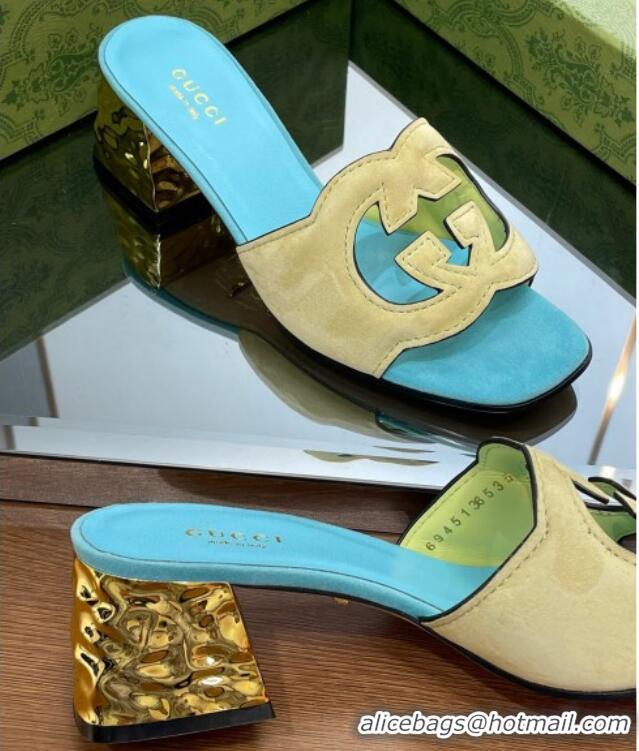 Shop Duplicate Gucci Suede Metal-Tone Heel Slide Sandals 5.5cm with Interlocking G Cutout Blue/Yellow 319053