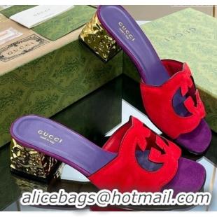 Grade Quality Gucci Suede Metal-Tone Heel Slide Sandals 5.5cm with Interlocking G Cutout Purple/Red 319054