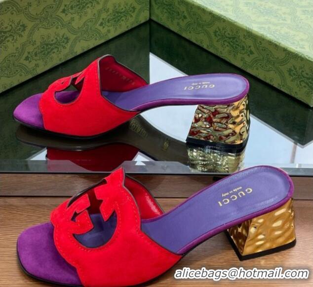 Grade Quality Gucci Suede Metal-Tone Heel Slide Sandals 5.5cm with Interlocking G Cutout Purple/Red 319054