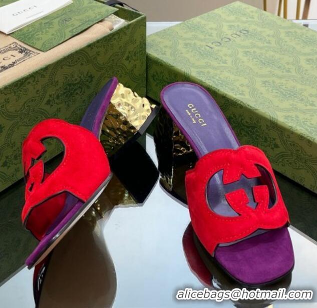 Grade Quality Gucci Suede Metal-Tone Heel Slide Sandals 5.5cm with Interlocking G Cutout Purple/Red 319054