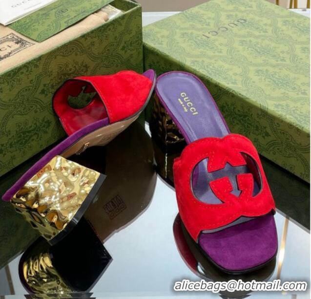 Grade Quality Gucci Suede Metal-Tone Heel Slide Sandals 5.5cm with Interlocking G Cutout Purple/Red 319054