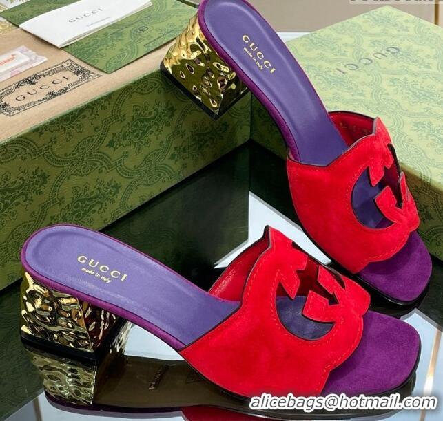 Grade Quality Gucci Suede Metal-Tone Heel Slide Sandals 5.5cm with Interlocking G Cutout Purple/Red 319054