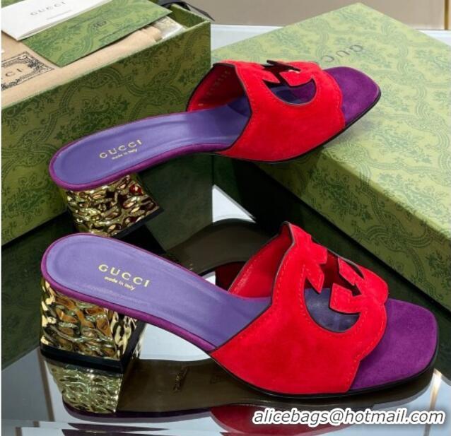 Grade Quality Gucci Suede Metal-Tone Heel Slide Sandals 5.5cm with Interlocking G Cutout Purple/Red 319054