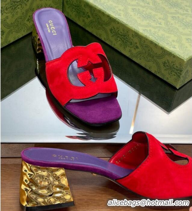 Grade Quality Gucci Suede Metal-Tone Heel Slide Sandals 5.5cm with Interlocking G Cutout Purple/Red 319054