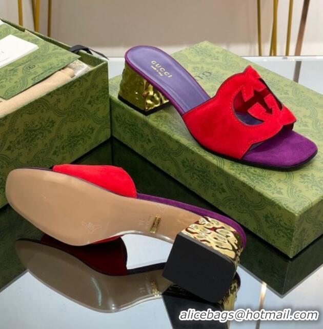 Grade Quality Gucci Suede Metal-Tone Heel Slide Sandals 5.5cm with Interlocking G Cutout Purple/Red 319054