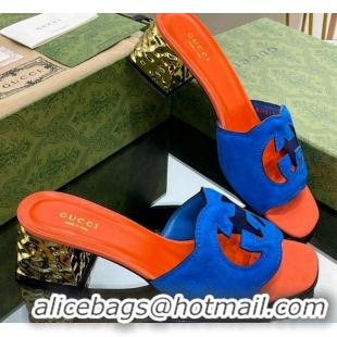 Pretty Style Gucci Suede Metal-Tone Heel Slide Sandals 5.5cm with Interlocking G Cutout Blue/Orange 319055