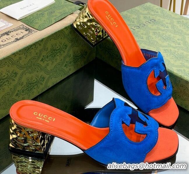 Pretty Style Gucci Suede Metal-Tone Heel Slide Sandals 5.5cm with Interlocking G Cutout Blue/Orange 319055