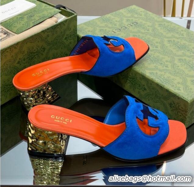 Pretty Style Gucci Suede Metal-Tone Heel Slide Sandals 5.5cm with Interlocking G Cutout Blue/Orange 319055