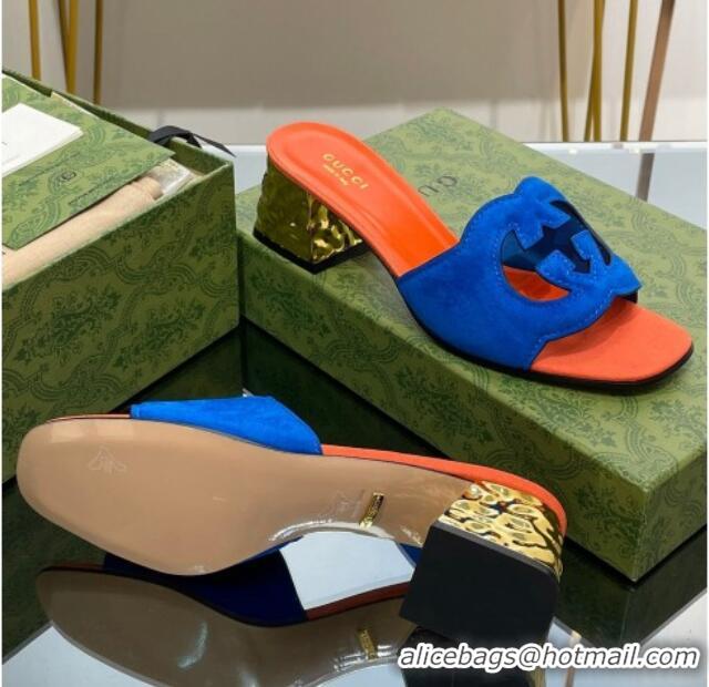 Pretty Style Gucci Suede Metal-Tone Heel Slide Sandals 5.5cm with Interlocking G Cutout Blue/Orange 319055