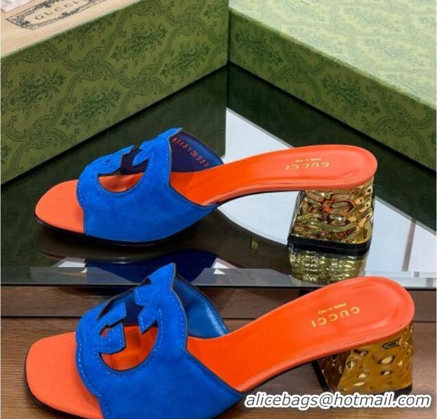 Pretty Style Gucci Suede Metal-Tone Heel Slide Sandals 5.5cm with Interlocking G Cutout Blue/Orange 319055