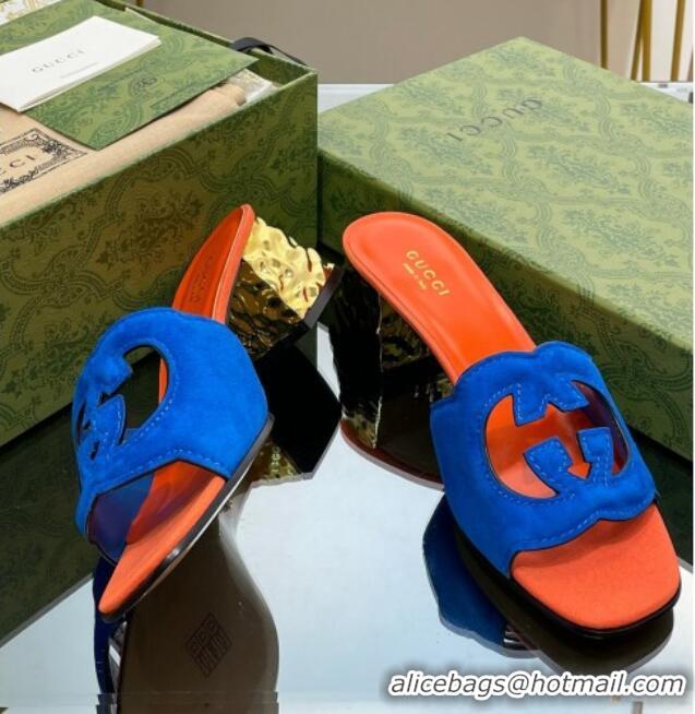 Pretty Style Gucci Suede Metal-Tone Heel Slide Sandals 5.5cm with Interlocking G Cutout Blue/Orange 319055