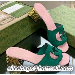 Best Grade Gucci Suede Metal-Tone Heel Slide Sandals 5.5cm with Interlocking G Cutout Green/Pink 319056