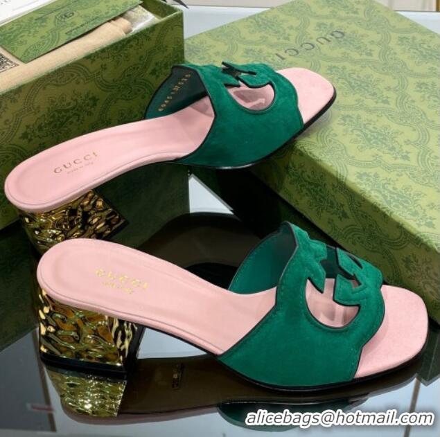 Best Grade Gucci Suede Metal-Tone Heel Slide Sandals 5.5cm with Interlocking G Cutout Green/Pink 319056