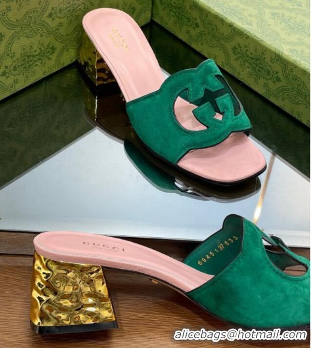 Best Grade Gucci Suede Metal-Tone Heel Slide Sandals 5.5cm with Interlocking G Cutout Green/Pink 319056