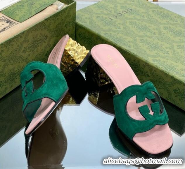 Best Grade Gucci Suede Metal-Tone Heel Slide Sandals 5.5cm with Interlocking G Cutout Green/Pink 319056