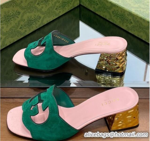 Best Grade Gucci Suede Metal-Tone Heel Slide Sandals 5.5cm with Interlocking G Cutout Green/Pink 319056