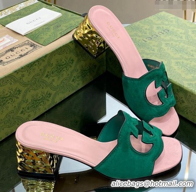 Best Grade Gucci Suede Metal-Tone Heel Slide Sandals 5.5cm with Interlocking G Cutout Green/Pink 319056