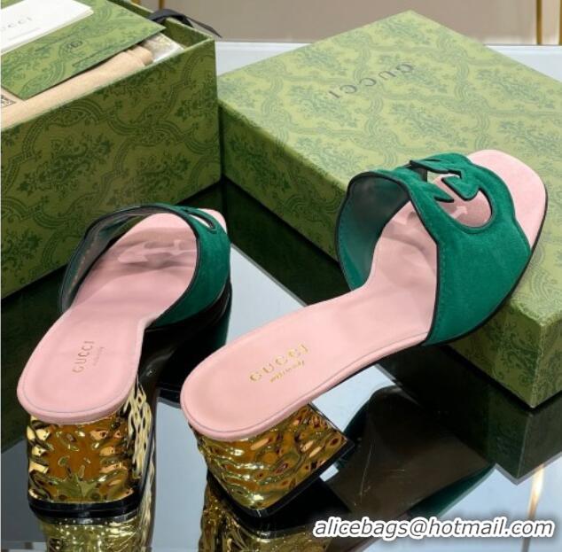 Best Grade Gucci Suede Metal-Tone Heel Slide Sandals 5.5cm with Interlocking G Cutout Green/Pink 319056