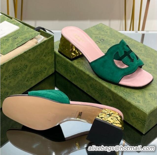 Best Grade Gucci Suede Metal-Tone Heel Slide Sandals 5.5cm with Interlocking G Cutout Green/Pink 319056