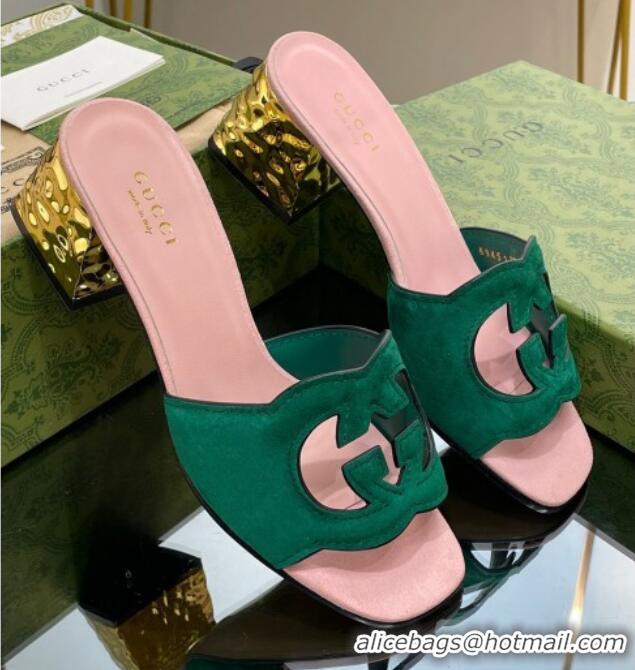 Best Grade Gucci Suede Metal-Tone Heel Slide Sandals 5.5cm with Interlocking G Cutout Green/Pink 319056