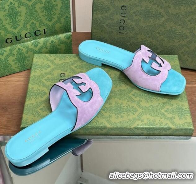 Low Price Gucci Suede Interlocking G Cut-out Flat Slide Sandal Purple/Blue 319057