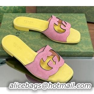 Best Price Gucci Suede Interlocking G Cut-out Flat Slide Sandal Pink/Yellow 319058