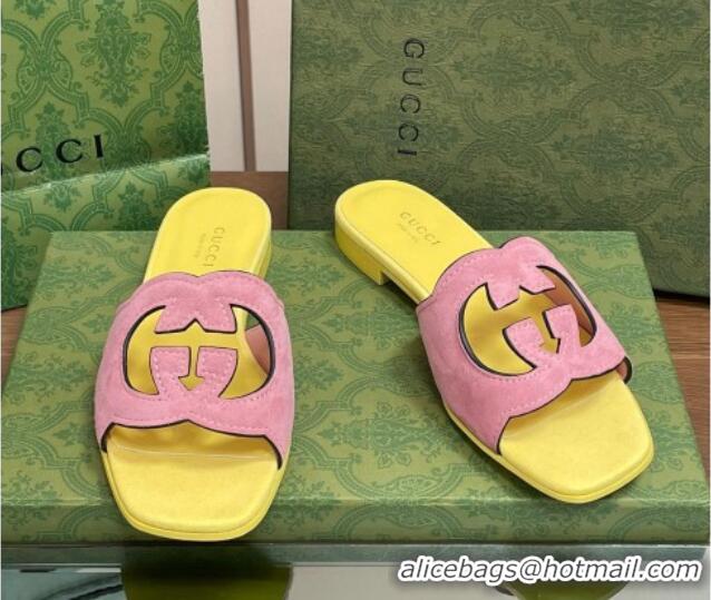 Best Price Gucci Suede Interlocking G Cut-out Flat Slide Sandal Pink/Yellow 319058