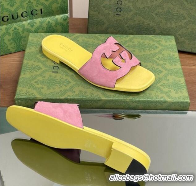 Best Price Gucci Suede Interlocking G Cut-out Flat Slide Sandal Pink/Yellow 319058