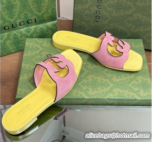 Best Price Gucci Suede Interlocking G Cut-out Flat Slide Sandal Pink/Yellow 319058