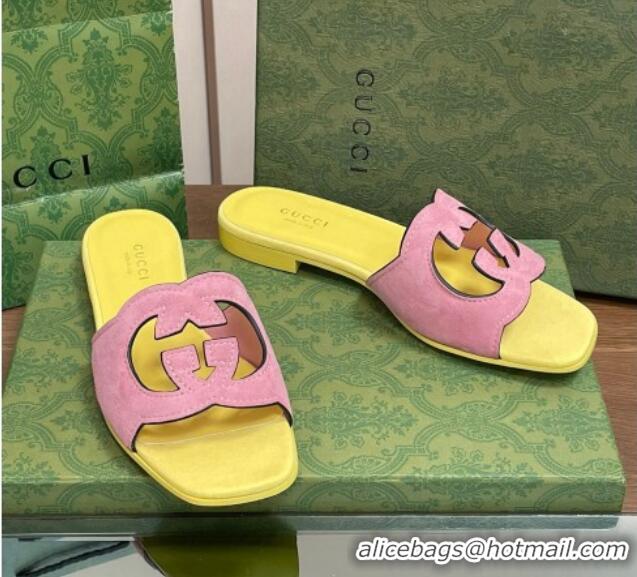 Best Price Gucci Suede Interlocking G Cut-out Flat Slide Sandal Pink/Yellow 319058