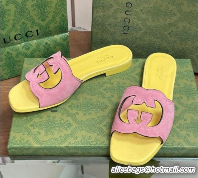 Best Price Gucci Suede Interlocking G Cut-out Flat Slide Sandal Pink/Yellow 319058