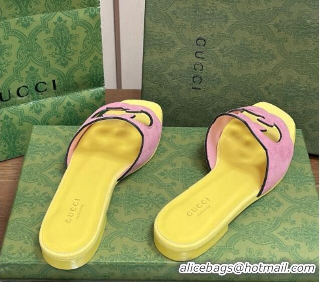 Best Price Gucci Suede Interlocking G Cut-out Flat Slide Sandal Pink/Yellow 319058