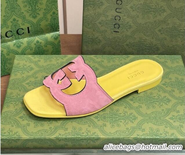 Best Price Gucci Suede Interlocking G Cut-out Flat Slide Sandal Pink/Yellow 319058