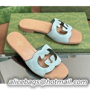 Low Cost Gucci Suede Interlocking G Cut-out Flat Slide Sandal Green/Beige 319059