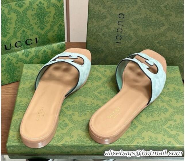 Low Cost Gucci Suede Interlocking G Cut-out Flat Slide Sandal Green/Beige 319059