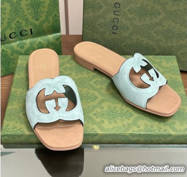 Low Cost Gucci Suede Interlocking G Cut-out Flat Slide Sandal Green/Beige 319059