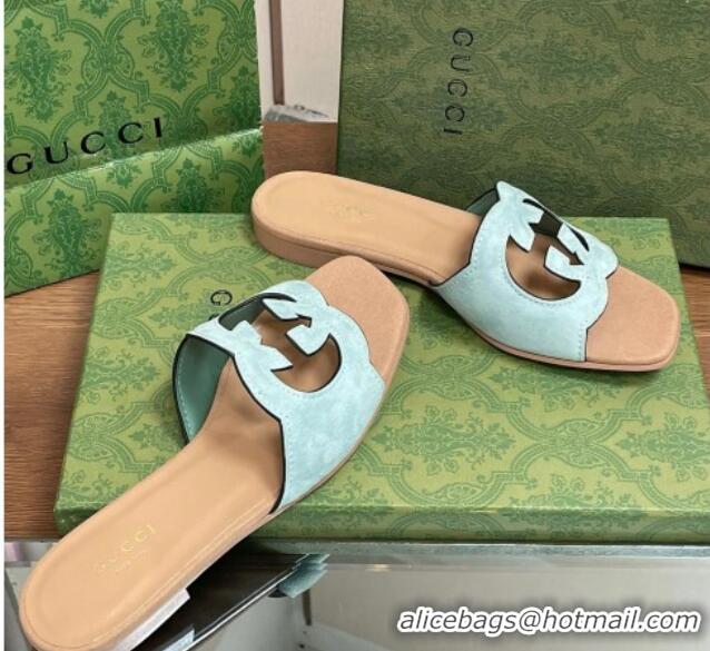 Low Cost Gucci Suede Interlocking G Cut-out Flat Slide Sandal Green/Beige 319059