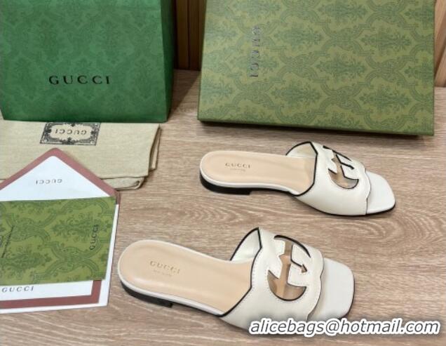 Sumptuous Gucci Leather Flat Slide Sandals with Interlocking G Cut-out White 319060