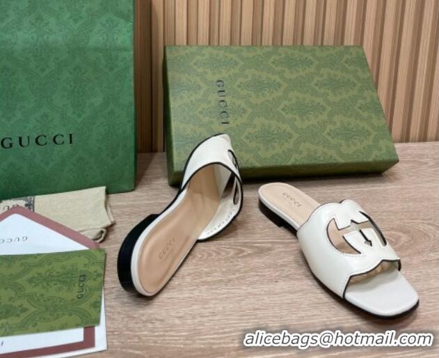 Sumptuous Gucci Leather Flat Slide Sandals with Interlocking G Cut-out White 319060